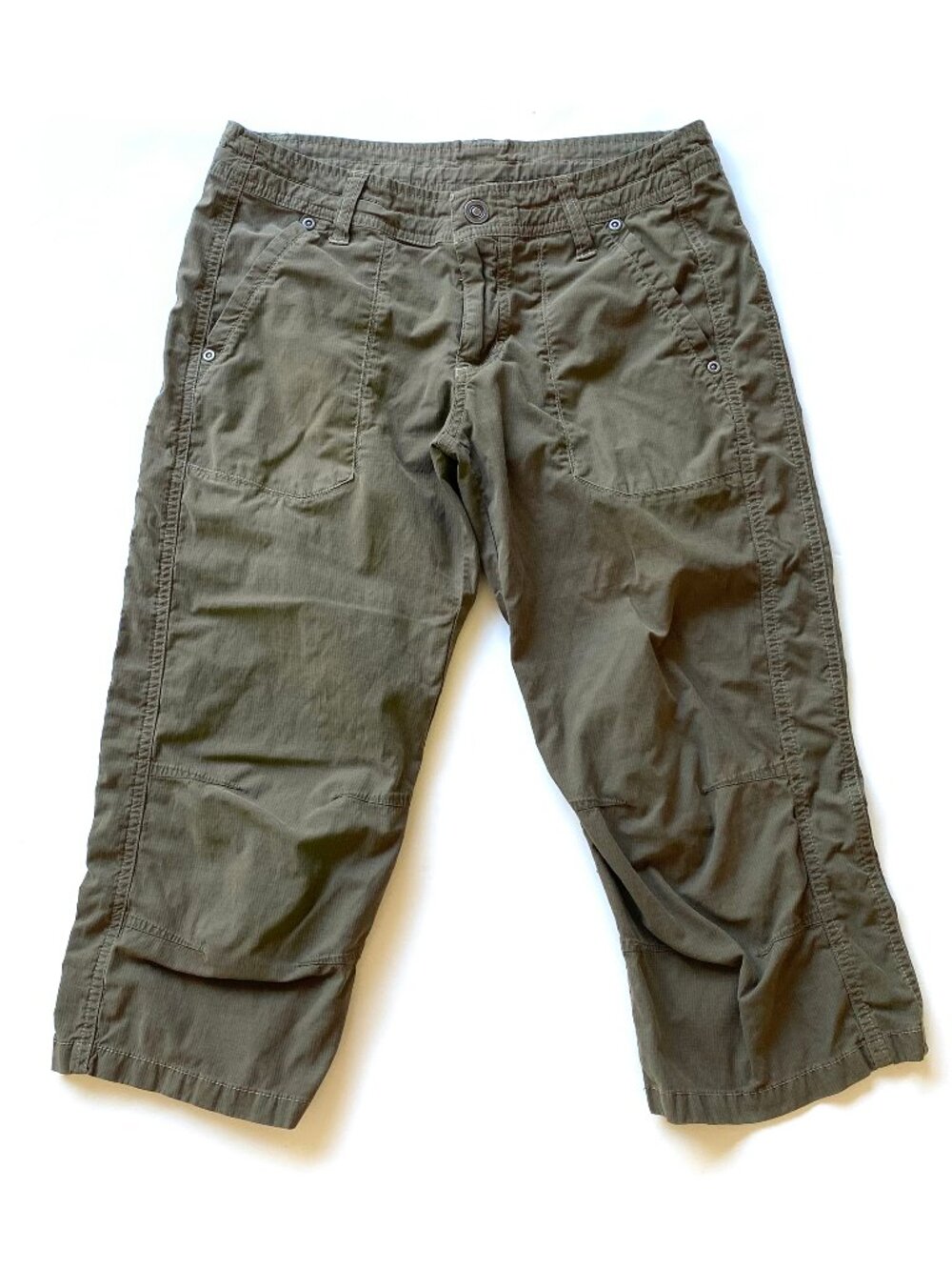 KUHL Kendra Kapri Hiking Crop Pants Olive Floral Embroidered Stretch Size 4